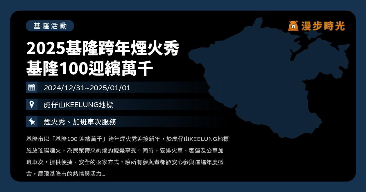 網站近期文章：基隆【2025基隆跨年煙火秀 基隆100迎繽萬千 】活動整理：660秒煙火登場！海洋廣場、國門廣場、微風東岸賞煙火！（12/31~1/1）